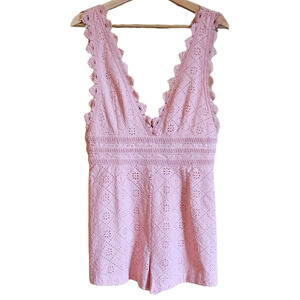 NEW! Forever 21 Romper Shorts Pink Eyelet Lace Plunge Neck Lined Women's Large